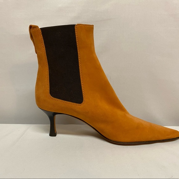 LAMBERTSON TRUEX Orange Suede Pointy Toe Kitten Heels Ankle Boots 36.5 Euro 6 US - Picture 10 of 16